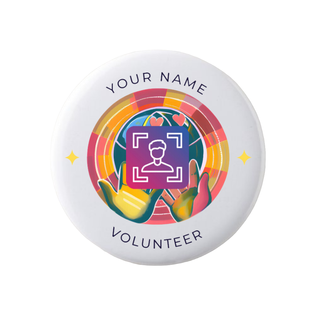 Button badge with colorful design and text 'Your Name Volunteer' on a white background