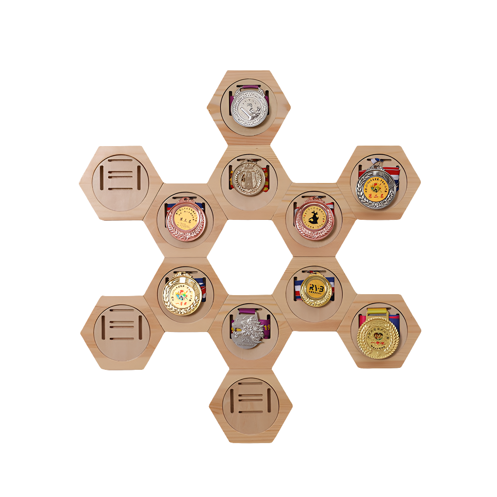 Hexagonal wooden display with various medals on a white background