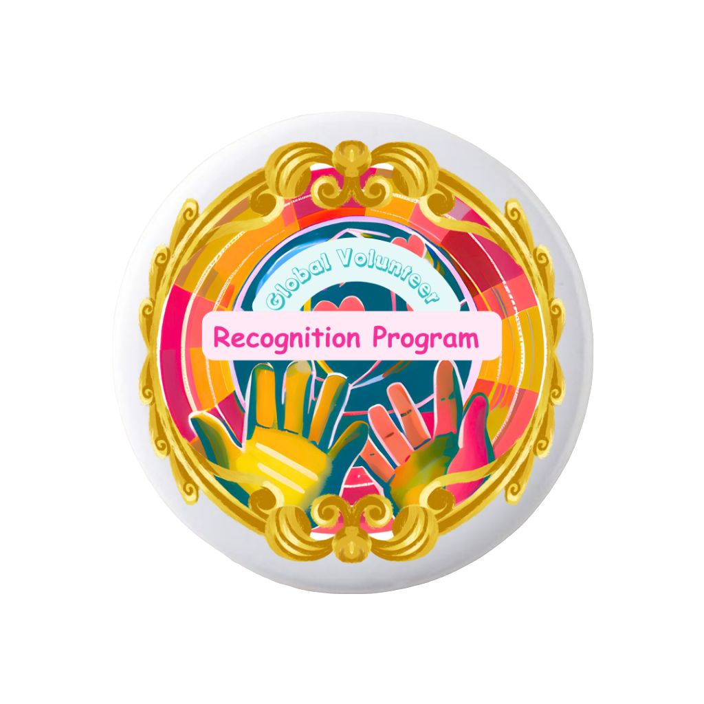 Decorative badge with 'Global Volunteers Recognition Program' text and colorful design on a white background
