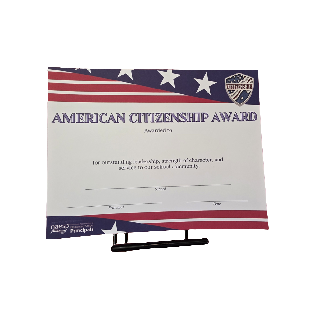 American Citizenship Award certificate with a stand on a white background