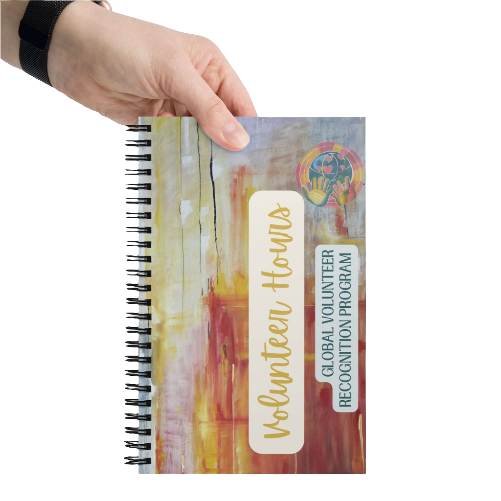 Notebook with 'Volunteer Hours' and 'Global Volunteer Recognition Program' text held by a hand on a white background