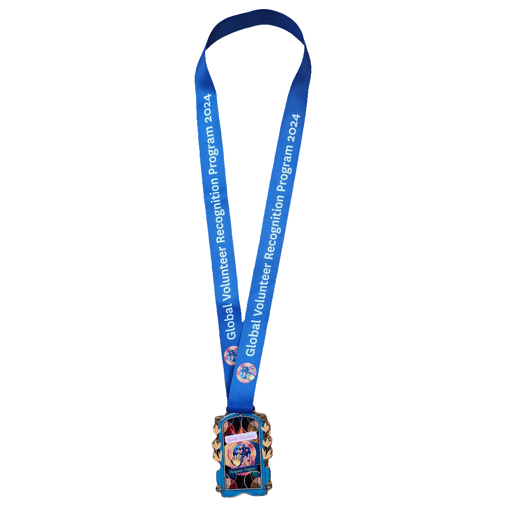 Blue lanyard with a colorful badge holder on a white background
