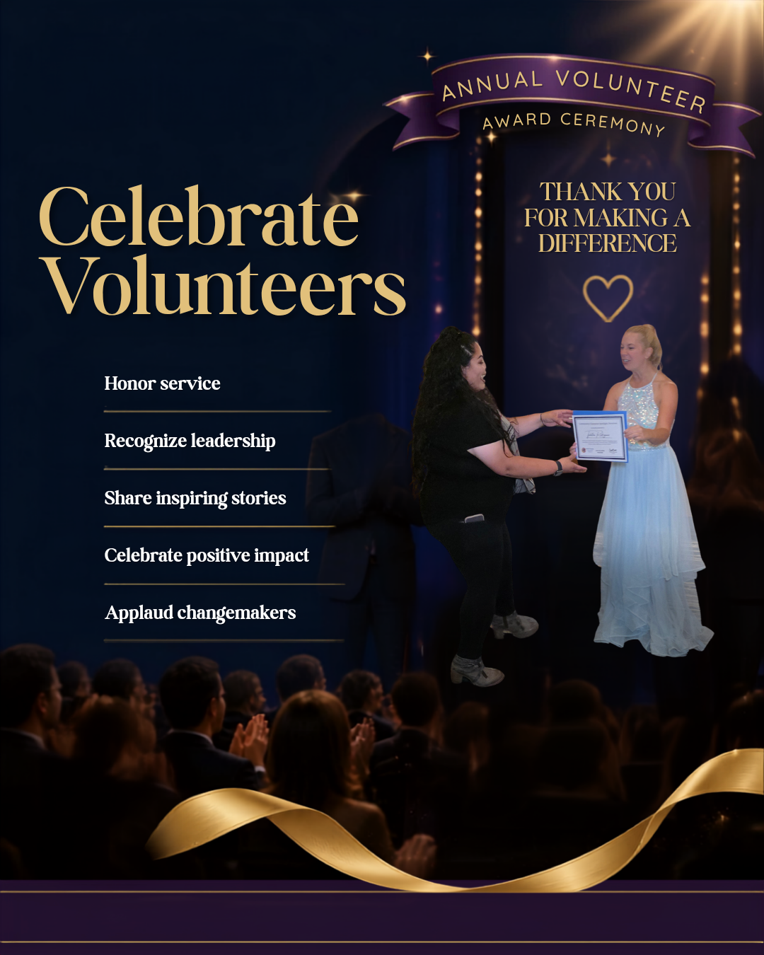 Promotional graphic for the Annual Volunteer Award Ceremony, featuring a stage scene with a presenter handing a certificate to a woman in a white gown, set against a dark blue background with gold text reading 'Celebrate Volunteers' and a gold ribbon at the bottom.