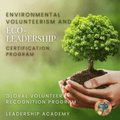 Environmental Promotional graphic for an environmental volunteerism and eco-leadership certification program with hands holding a tree.