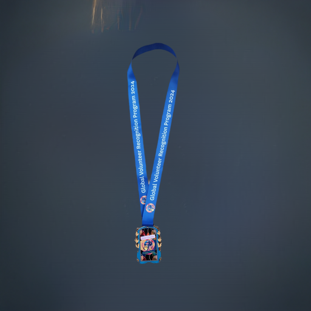 Blue lanyard with a colorful badge holder 