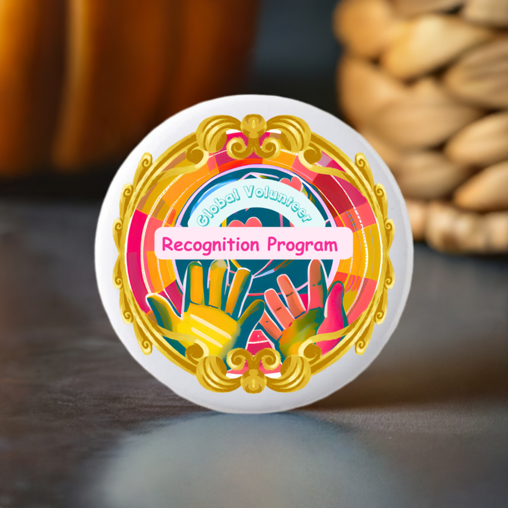 Decorative badge with 'Global Volunteers Recognition Program' text and colorful design on a white background