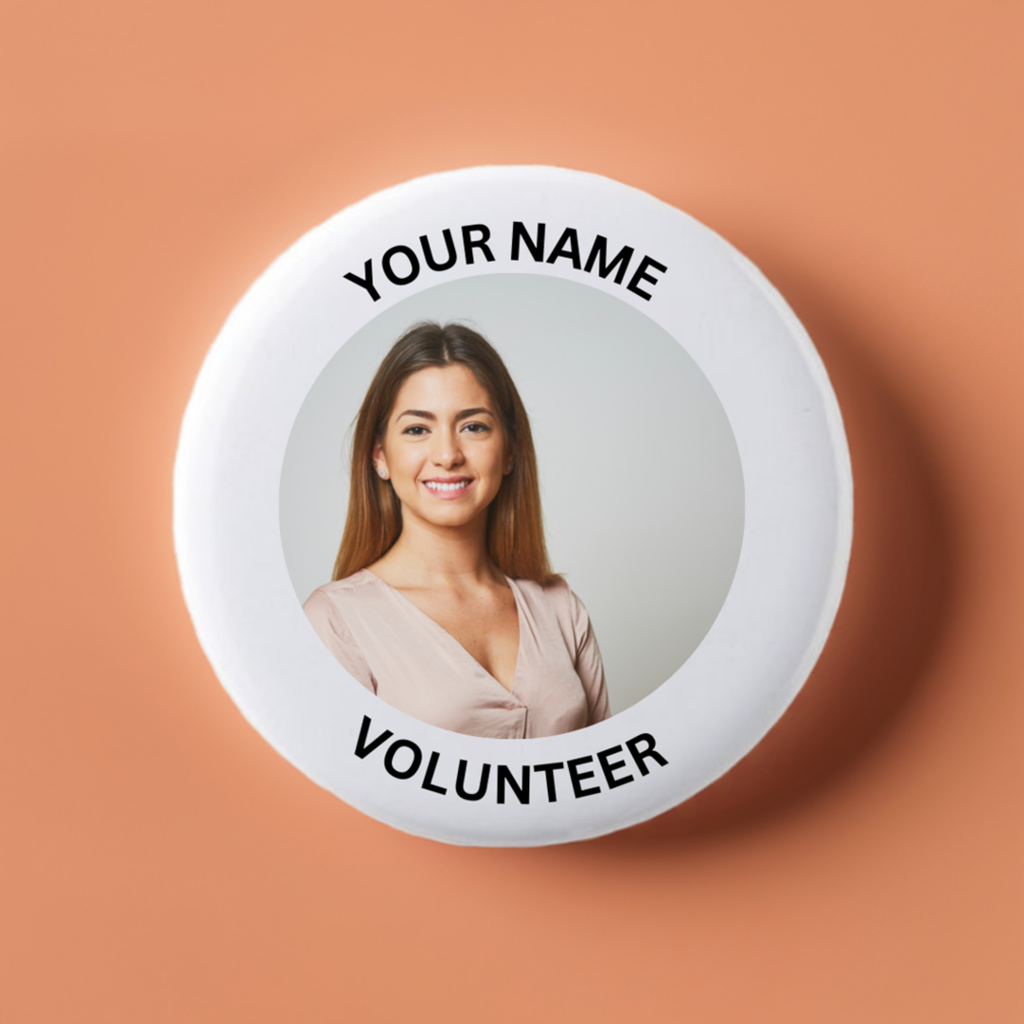 Circular badge with a photo of a woman and text 'YOUR NAME' and 'VOLUNTEER' on a white background