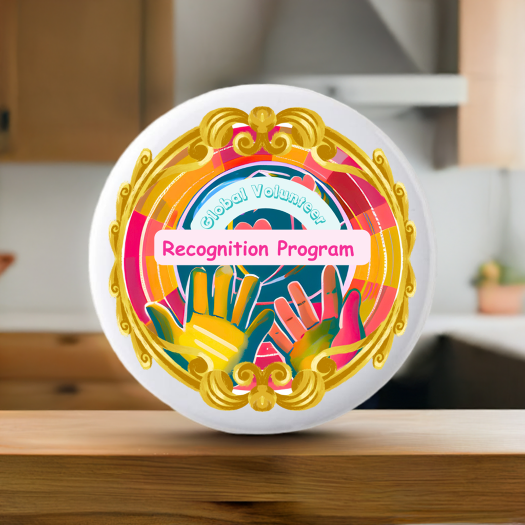 Decorative badge with 'Global Volunteers Recognition Program' text and colorful design on a white background