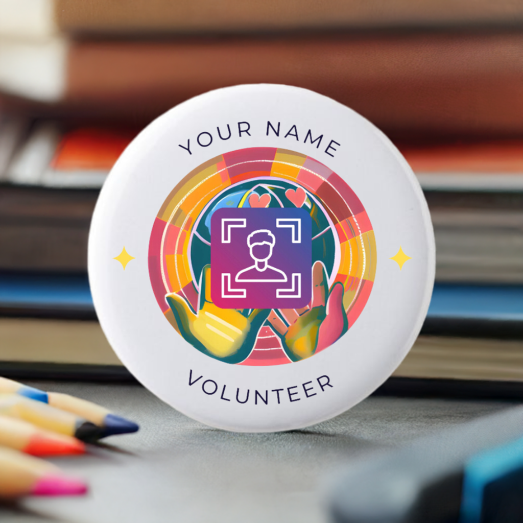 Button badge with colorful design and text 'Your Name Volunteer' on a white background