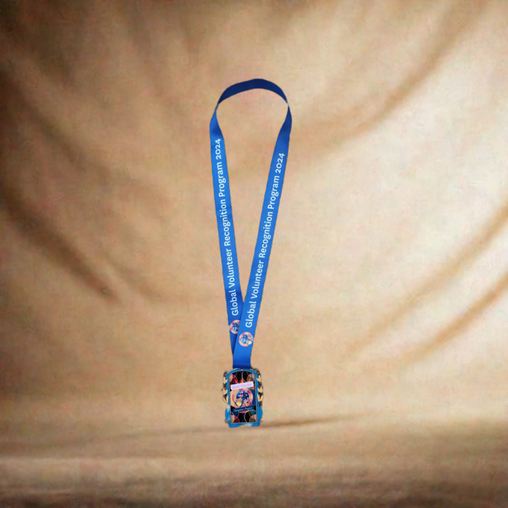 Blue lanyard with a colorful badge holder 