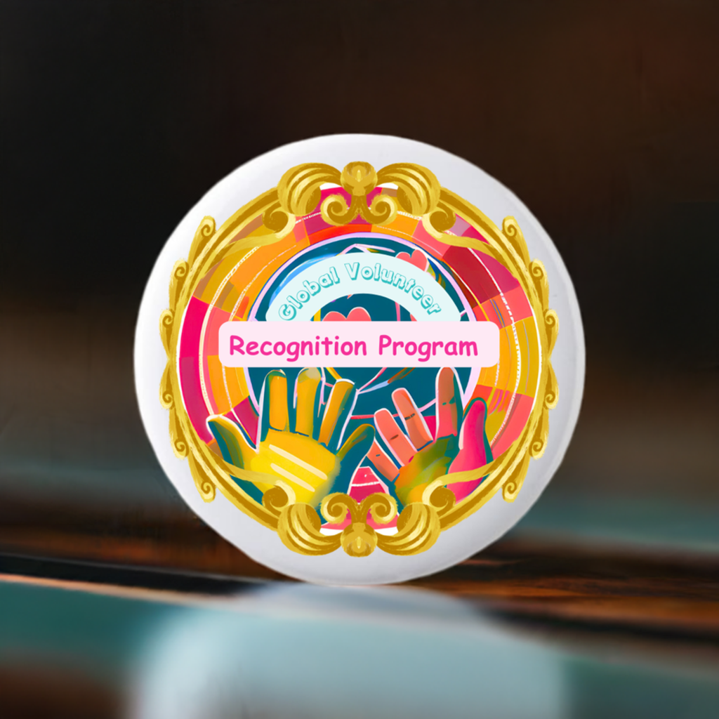 Decorative badge with 'Global Volunteers Recognition Program' text and colorful design on a white background