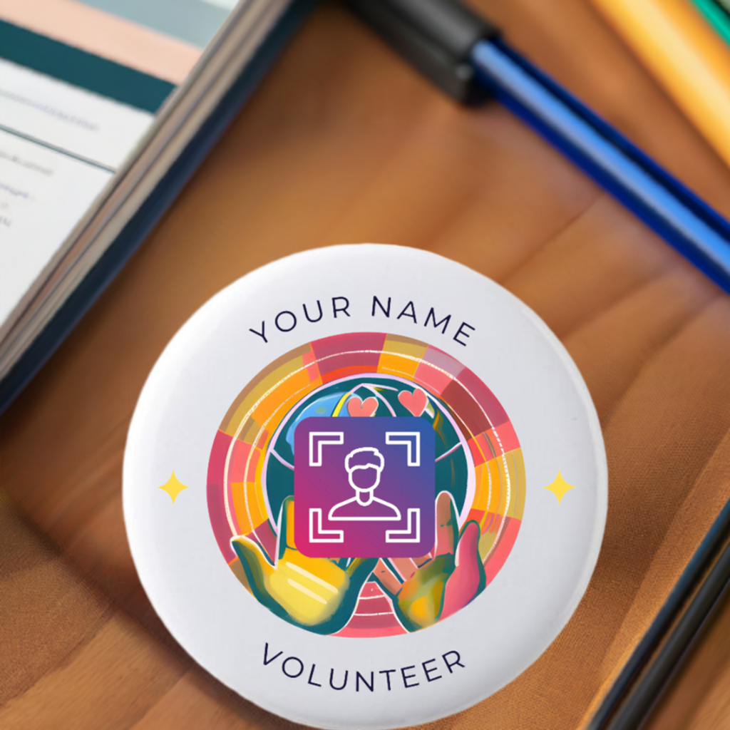 Button badge with colorful design and text 'Your Name Volunteer' on a white background