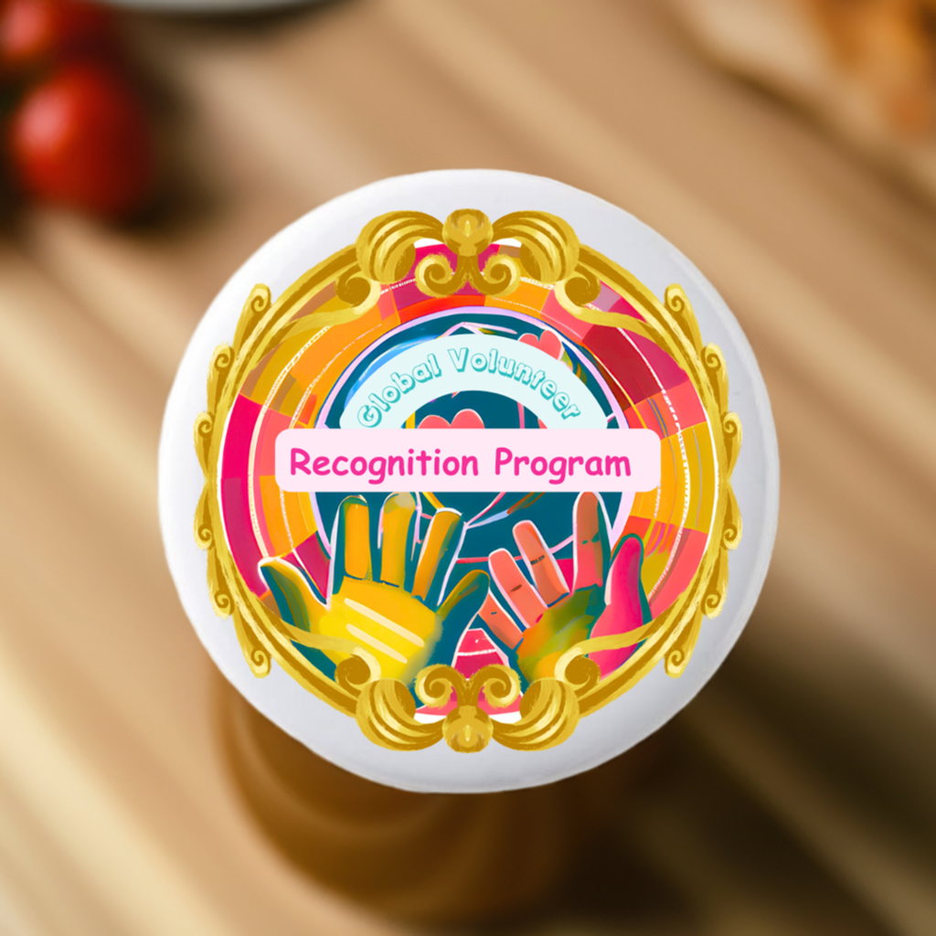 Decorative badge with 'Global Volunteers Recognition Program' text and colorful design on a white background