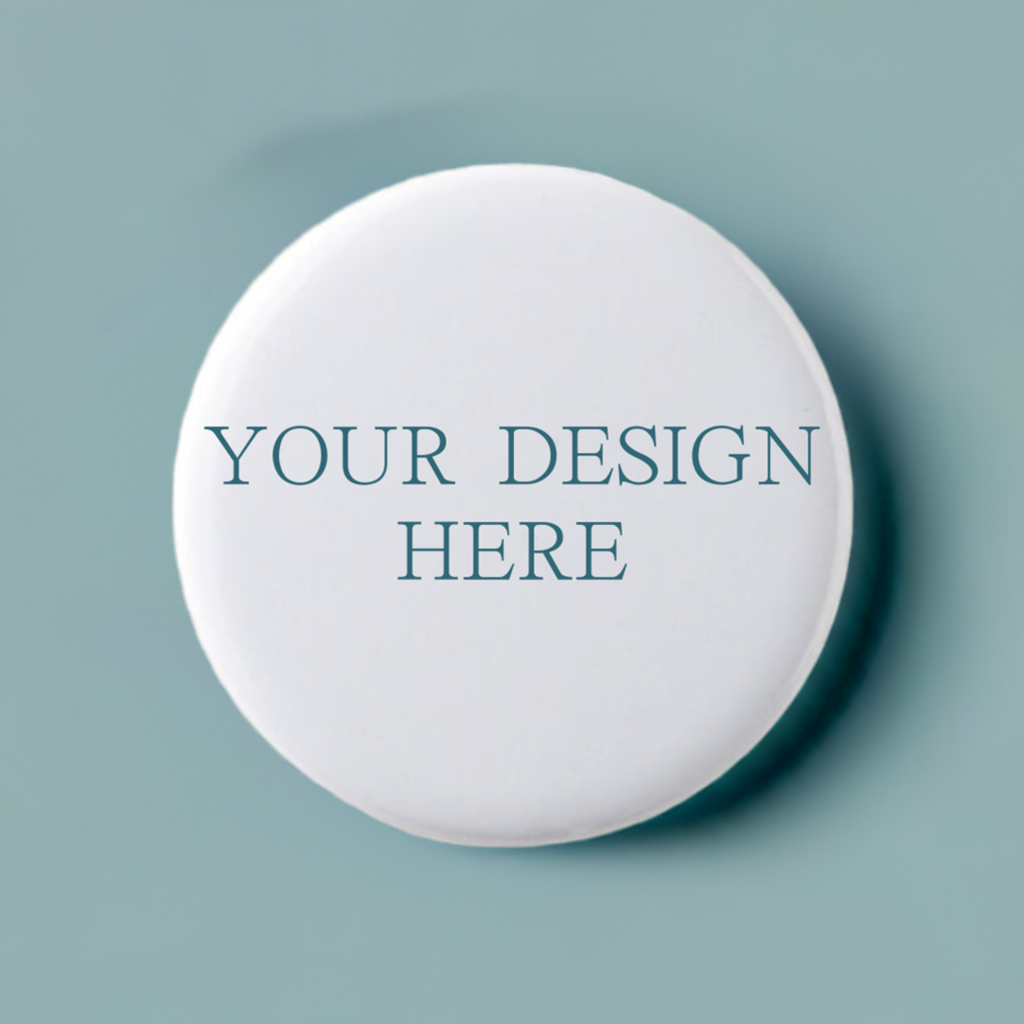 Round white object with 'Your Design Here' text on a white background
