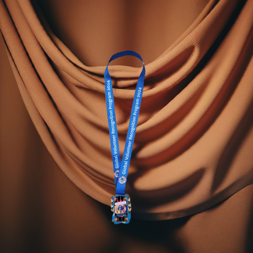 Blue lanyard with a colorful badge holder 