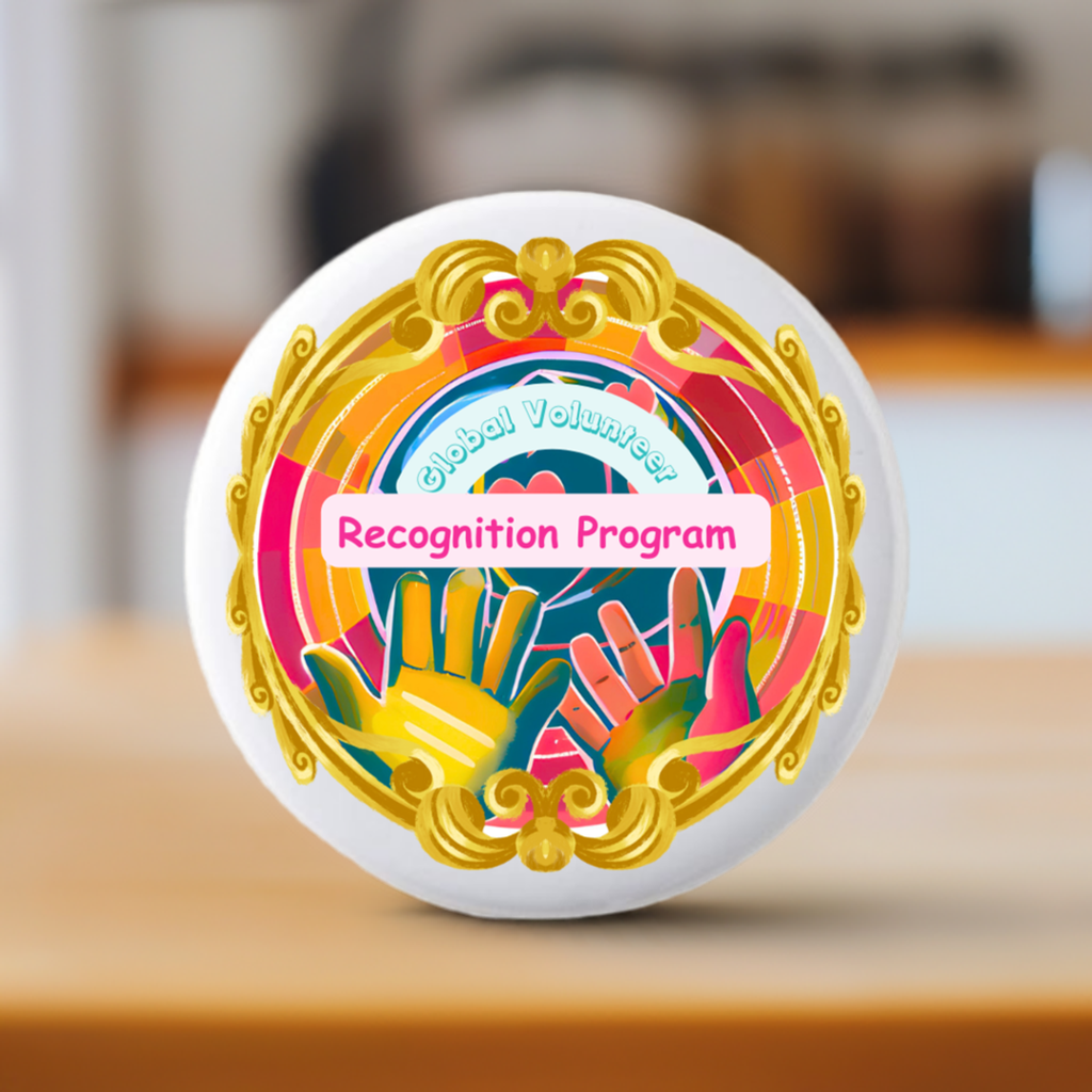 Decorative badge with 'Global Volunteers Recognition Program' text and colorful design on a white background