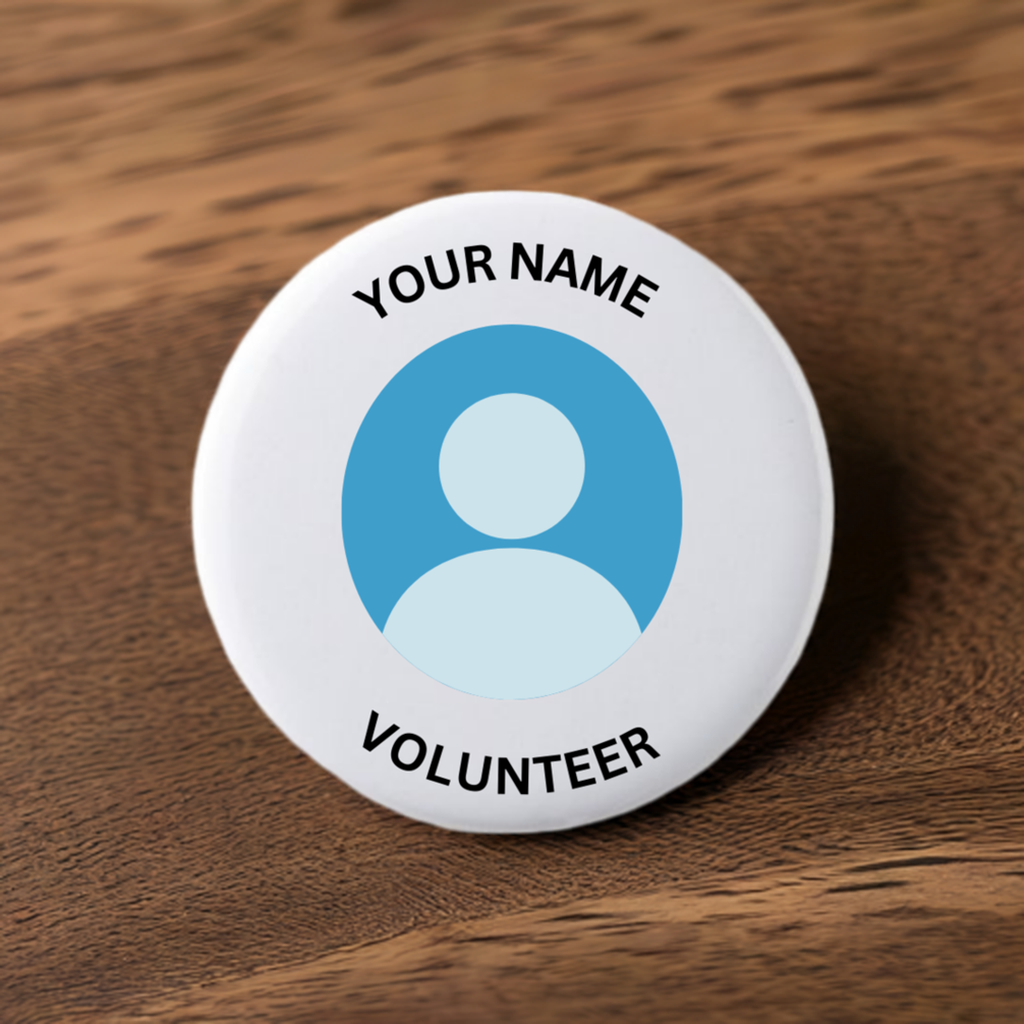 Circular badge with a photo of a woman and text 'YOUR NAME' and 'VOLUNTEER' on a white background