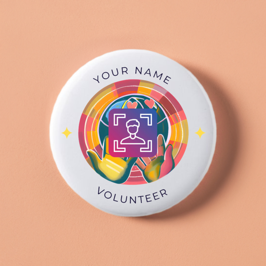 Button badge with colorful design and text 'Your Name Volunteer' on a white background