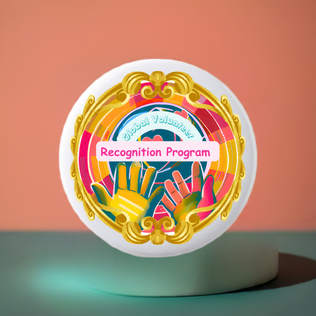 Decorative badge with 'Global Volunteers Recognition Program' text and colorful design on a white background
