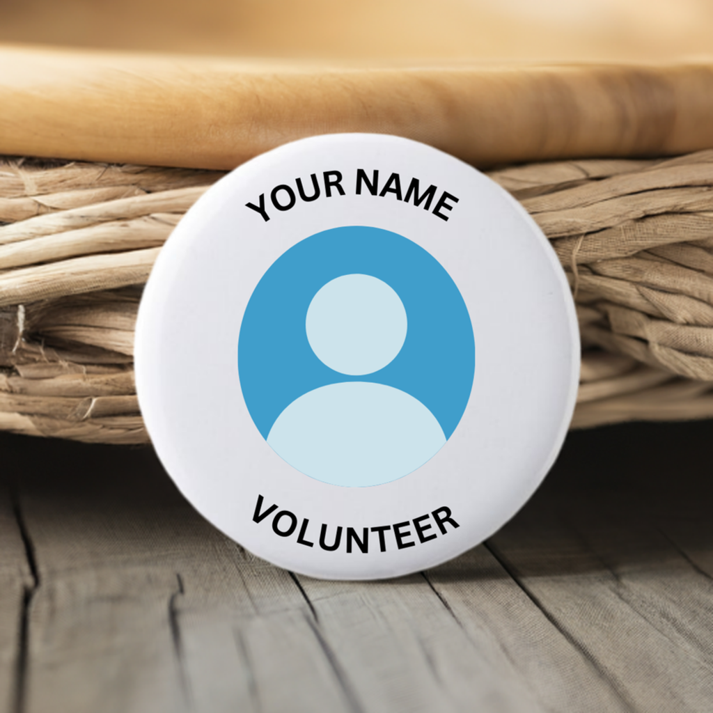 Circular badge with a photo of a woman and text 'YOUR NAME' and 'VOLUNTEER' on a white background
