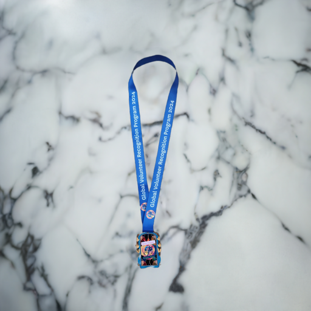 Blue lanyard with a colorful badge holder 
