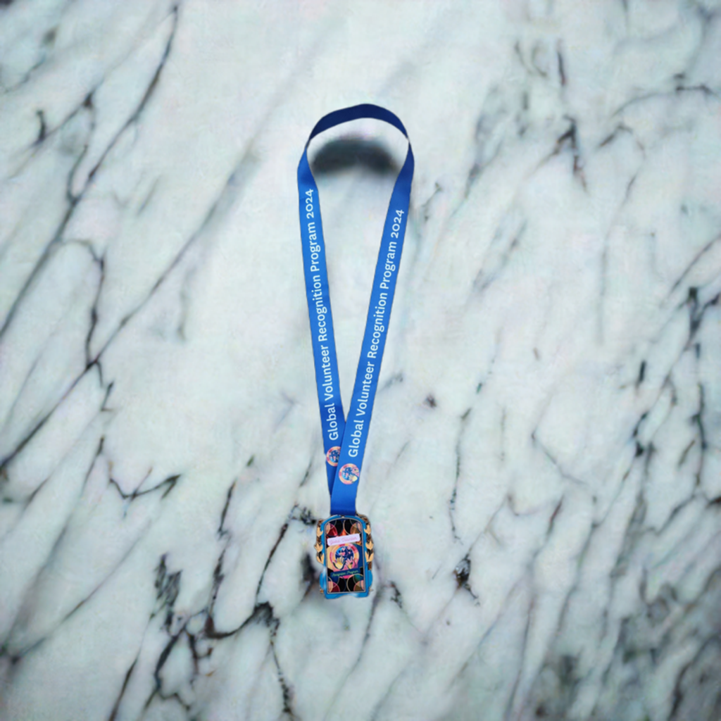 Blue lanyard with a colorful badge holder 