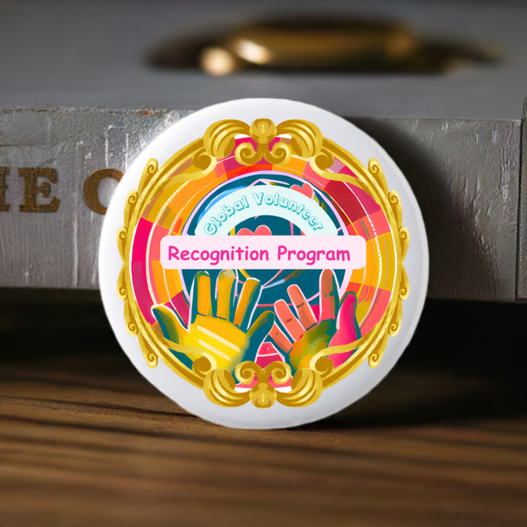 Decorative badge with 'Global Volunteers Recognition Program' text and colorful design on a white background