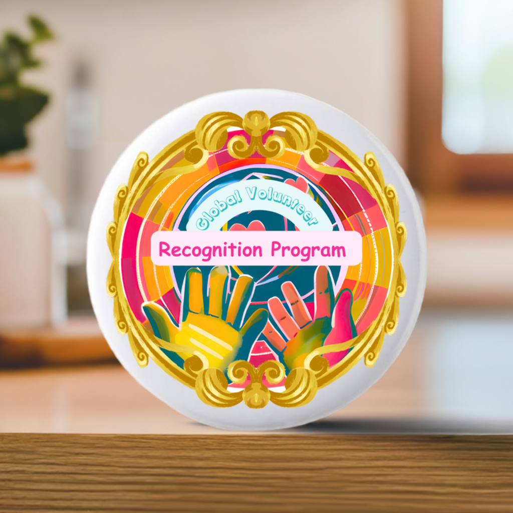 Decorative badge with 'Global Volunteers Recognition Program' text and colorful design on a white background