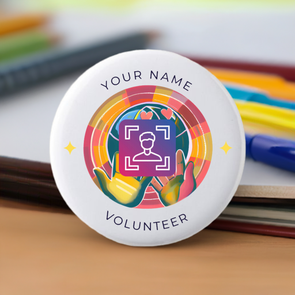 Button badge with colorful design and text 'Your Name Volunteer' on a white background