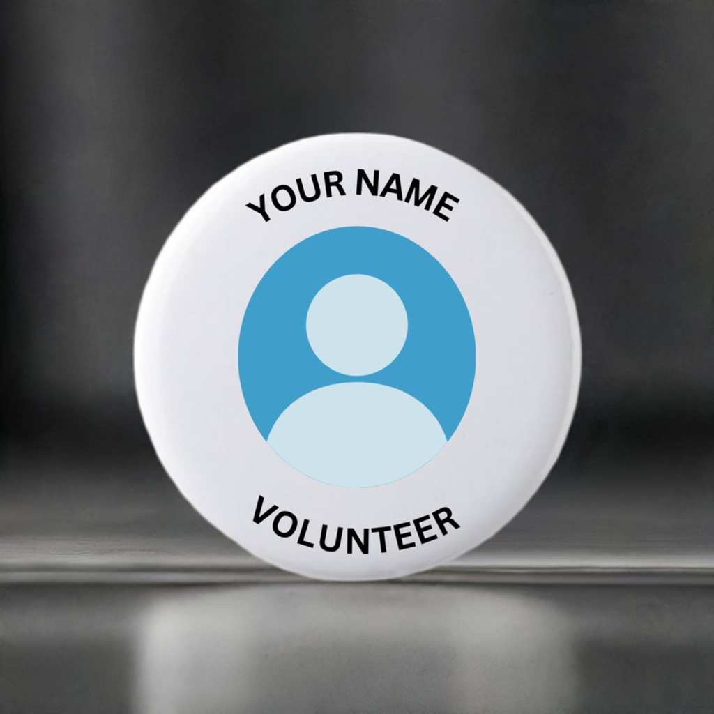 Circular badge with a photo of a woman and text 'YOUR NAME' and 'VOLUNTEER' on a white background