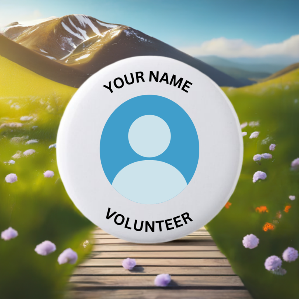 Circular badge with a photo of a woman and text 'YOUR NAME' and 'VOLUNTEER' on a white background