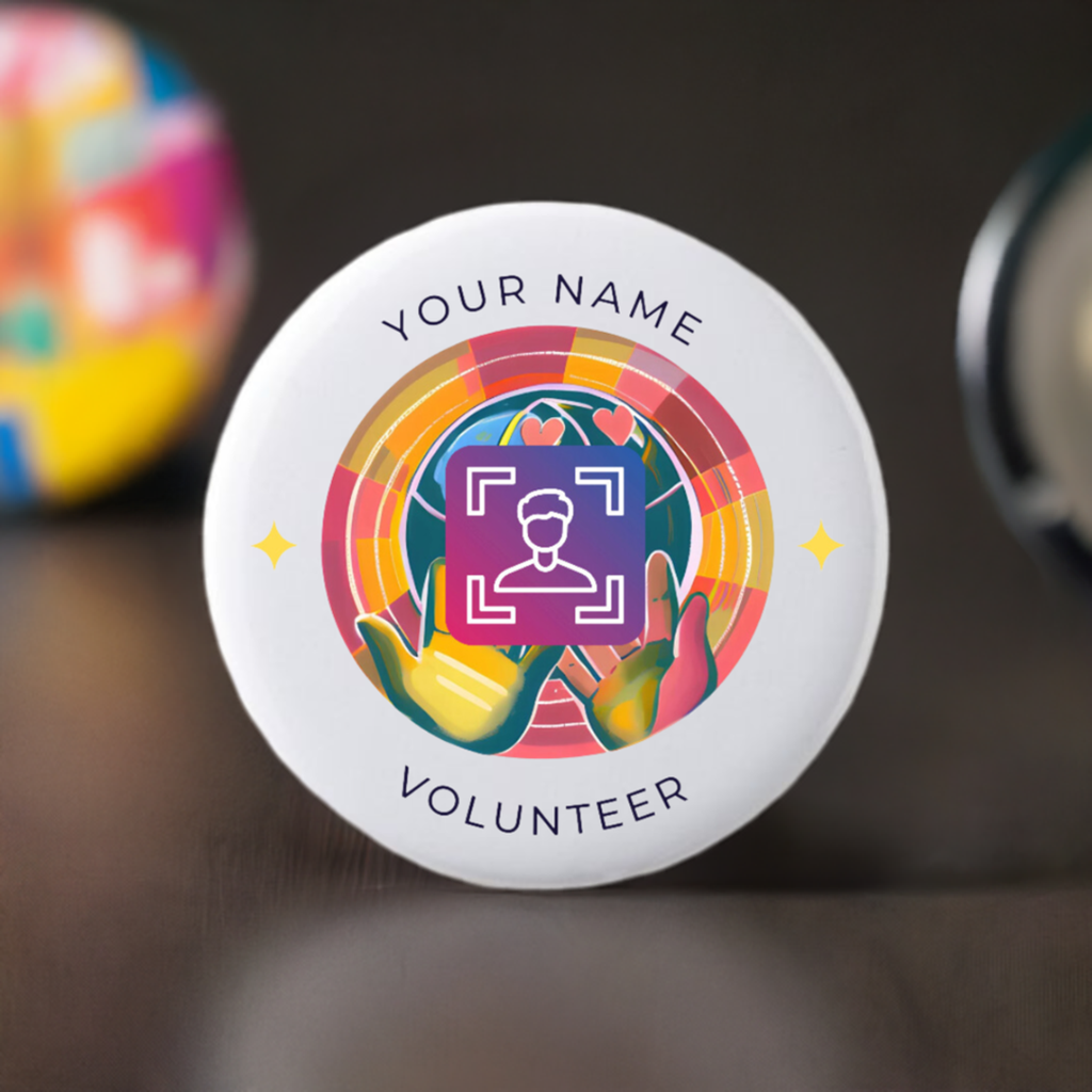 Button badge with colorful design and text 'Your Name Volunteer' on a white background