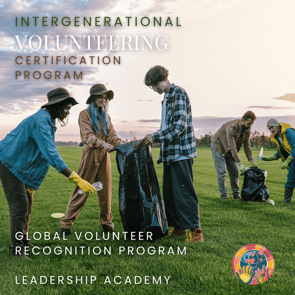 Intergenerational Volunteering Group of people participating in a community service activity with text about an intergenerational volunteering certification program.