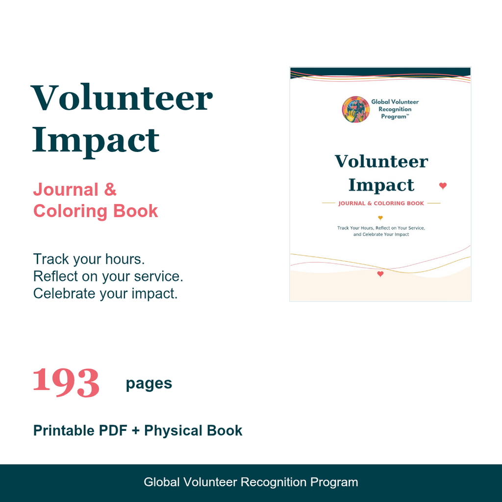 Promotional graphic for the Global Volunteer Recognition Program's Volunteer Impact Journal & Coloring Book. The image features a clean white background with dark teal and coral pink text, alongside a digital mockup of the book cover on the right.