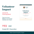 Promotional graphic for the Global Volunteer Recognition Program's Volunteer Impact Journal & Coloring Book. The image features a clean white background with dark teal and coral pink text, alongside a digital mockup of the book cover on the right.