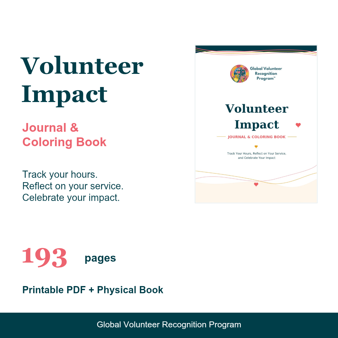 Promotional graphic for the Global Volunteer Recognition Program's Volunteer Impact Journal & Coloring Book. The image features a clean white background with dark teal and coral pink text, alongside a digital mockup of the book cover on the right.