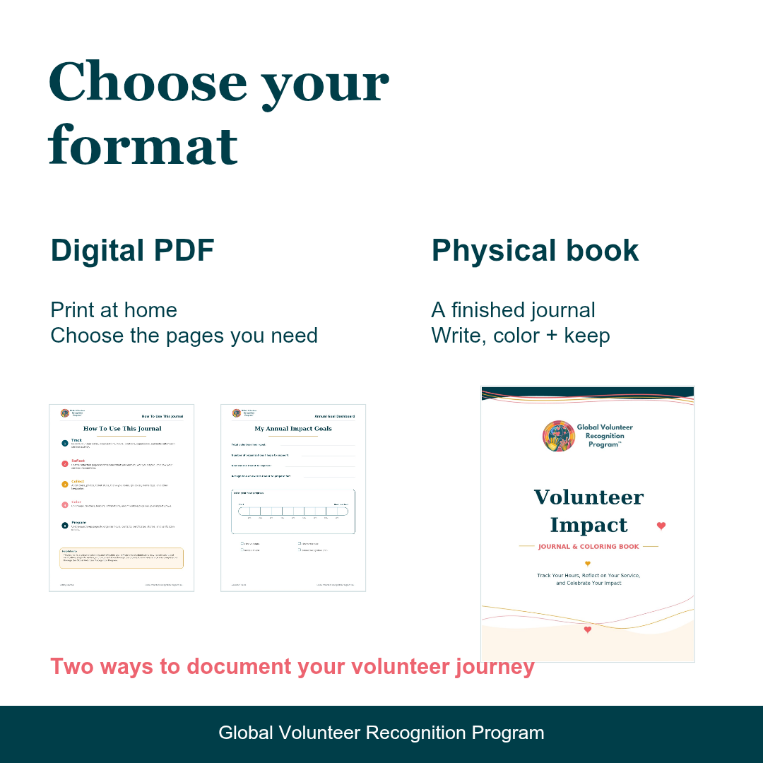 Promotional graphic for the Global Volunteer Recognition Program showing format options: Digital PDF and Physical book. The layout has a white background with dark teal text, two small sample pages for the PDF, and one larger sample journal cover for the physical book.