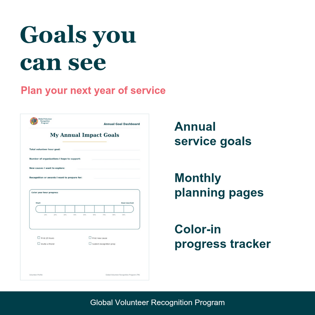 Promotional graphic for the Global Volunteer Recognition Program showing a sample annual goal dashboard page and text listing included materials: annual service goals, monthly planning pages, and a color-in progress tracker.