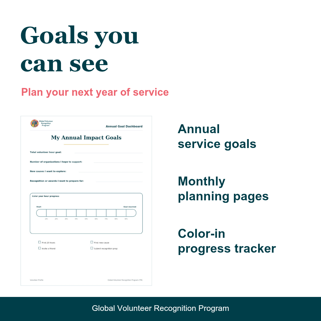 Promotional graphic for the Global Volunteer Recognition Program showing a sample annual goal dashboard page and text listing included materials: annual service goals, monthly planning pages, and a color-in progress tracker.