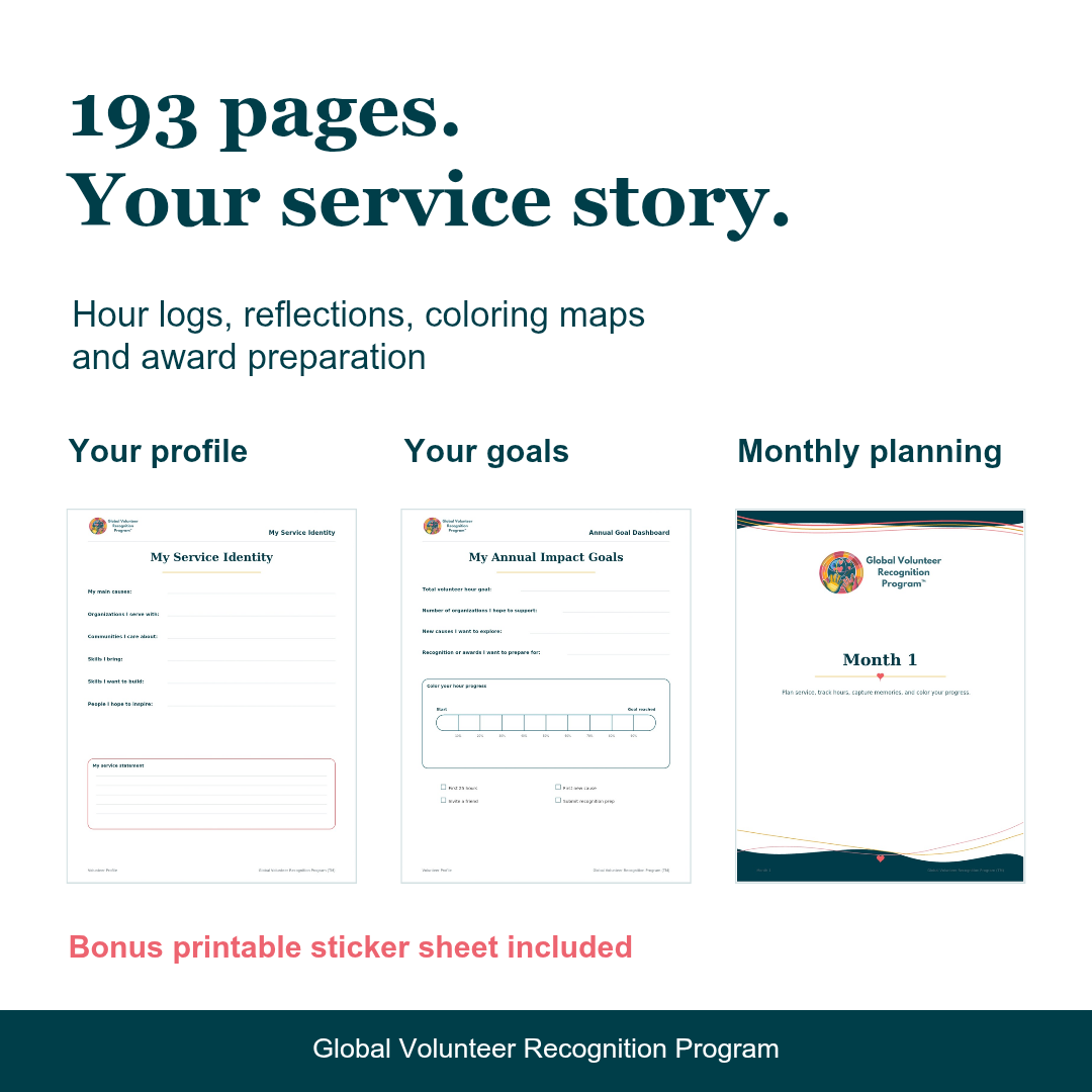 Promotional graphic for a printable volunteer recognition program booklet, showing the text '193 pages. Your service story.