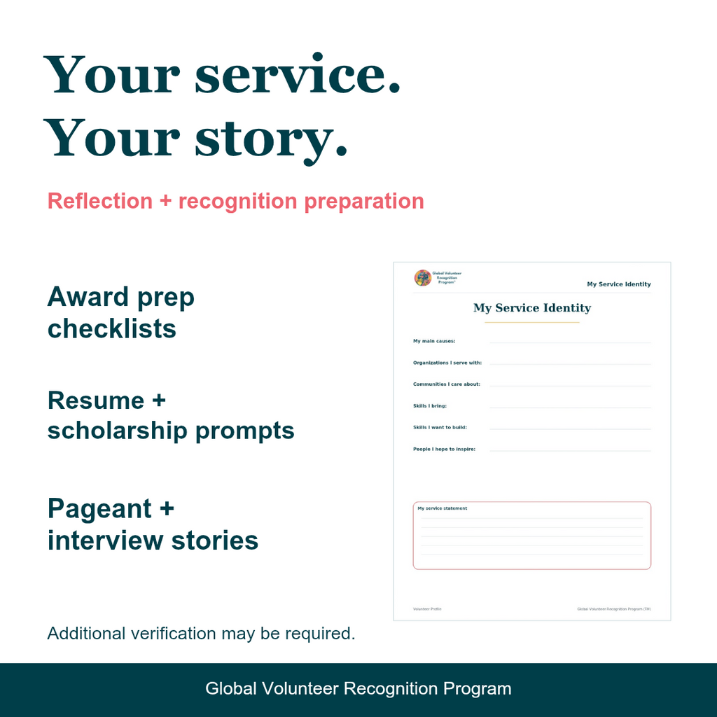 Promotional graphic for the Global Volunteer Recognition Program with the headline 'Your service. Your story.