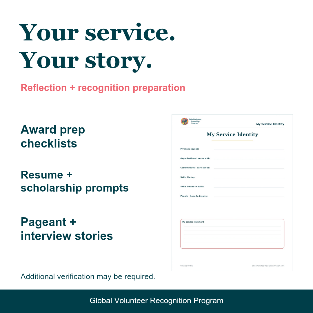 Promotional graphic for the Global Volunteer Recognition Program with the headline 'Your service. Your story.