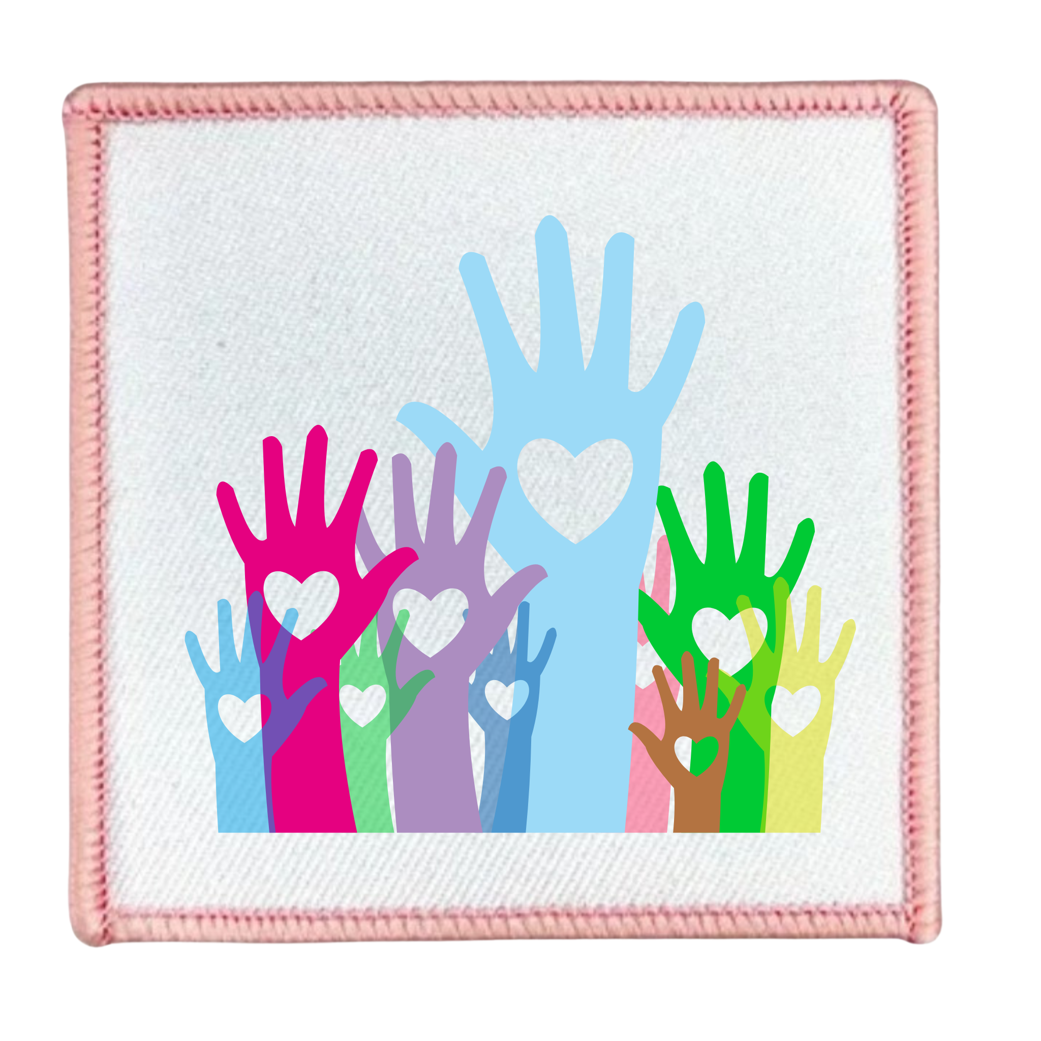 Colorful hand prints with hearts on a white background with pink border