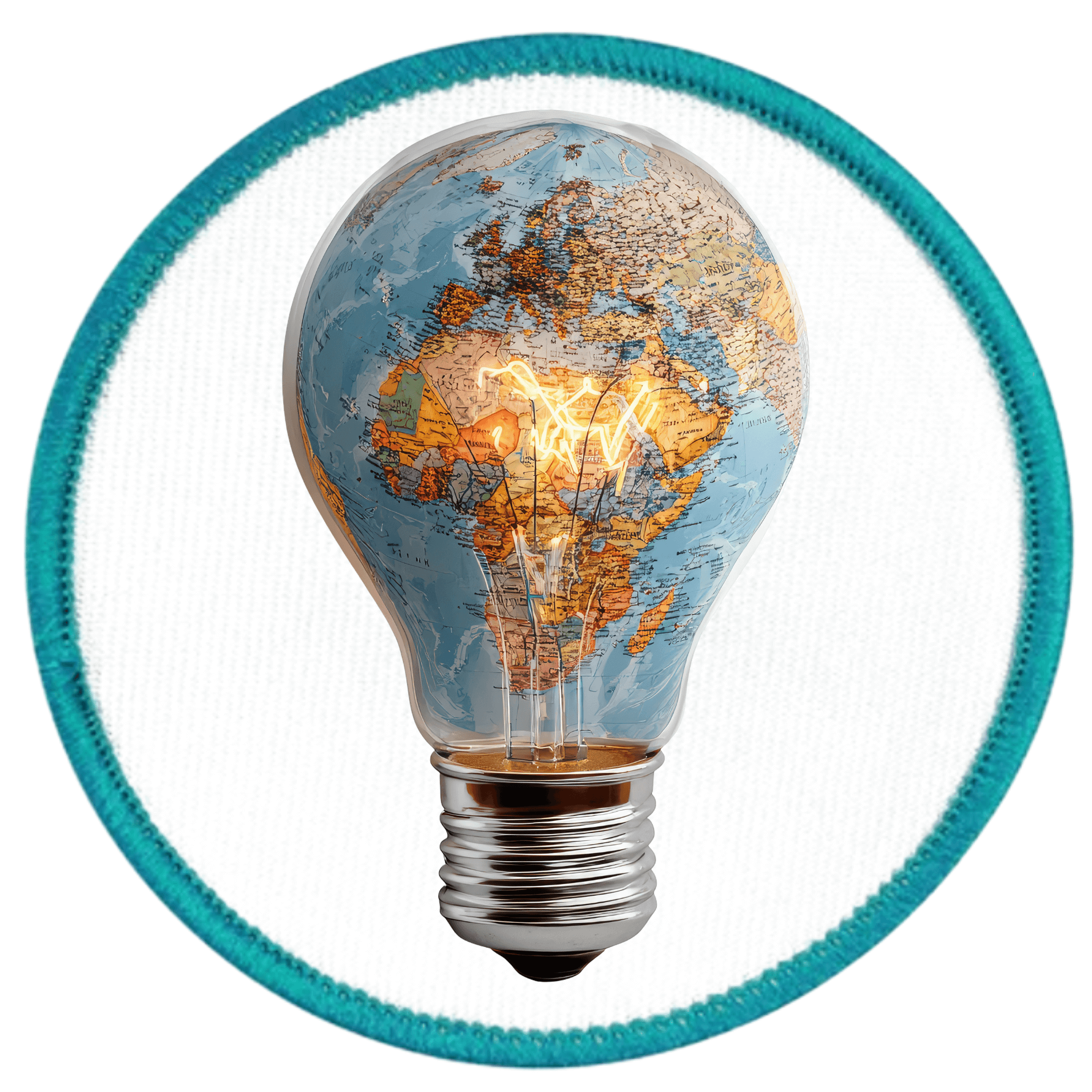 Virtual Creativity Badge Light bulb with world map design on a white background