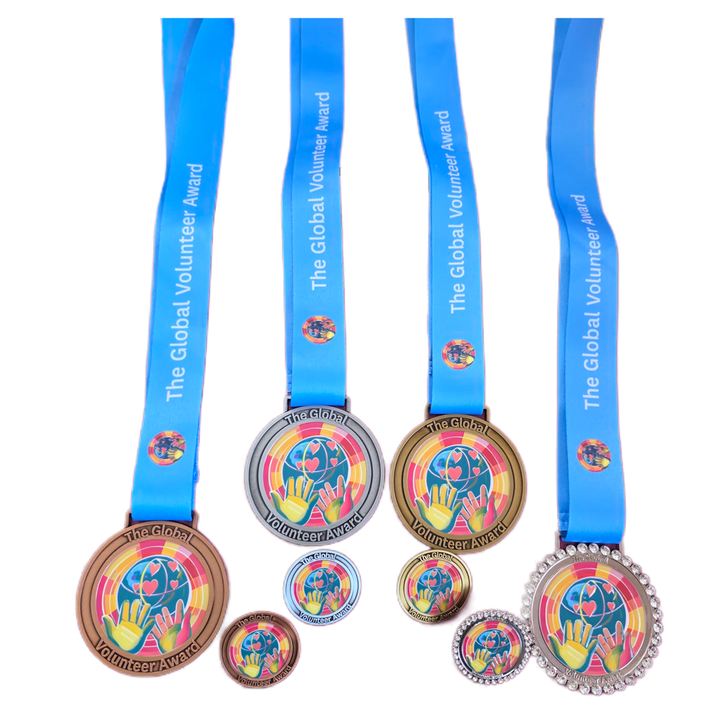 Set of medals with blue ribbons and colorful designs on a white background