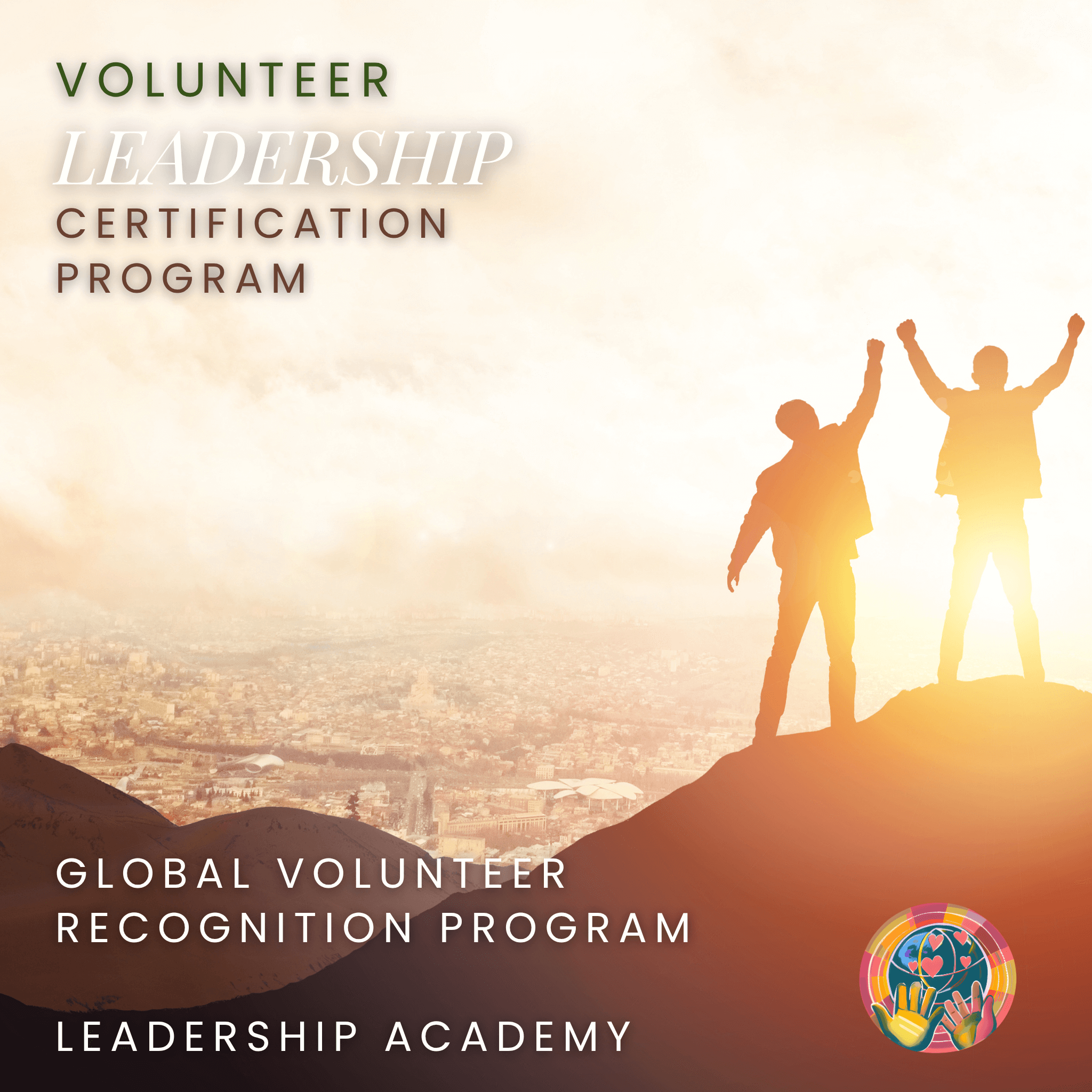 Two people on a hill with a cityscape, promoting a volunteer leadership certification program.