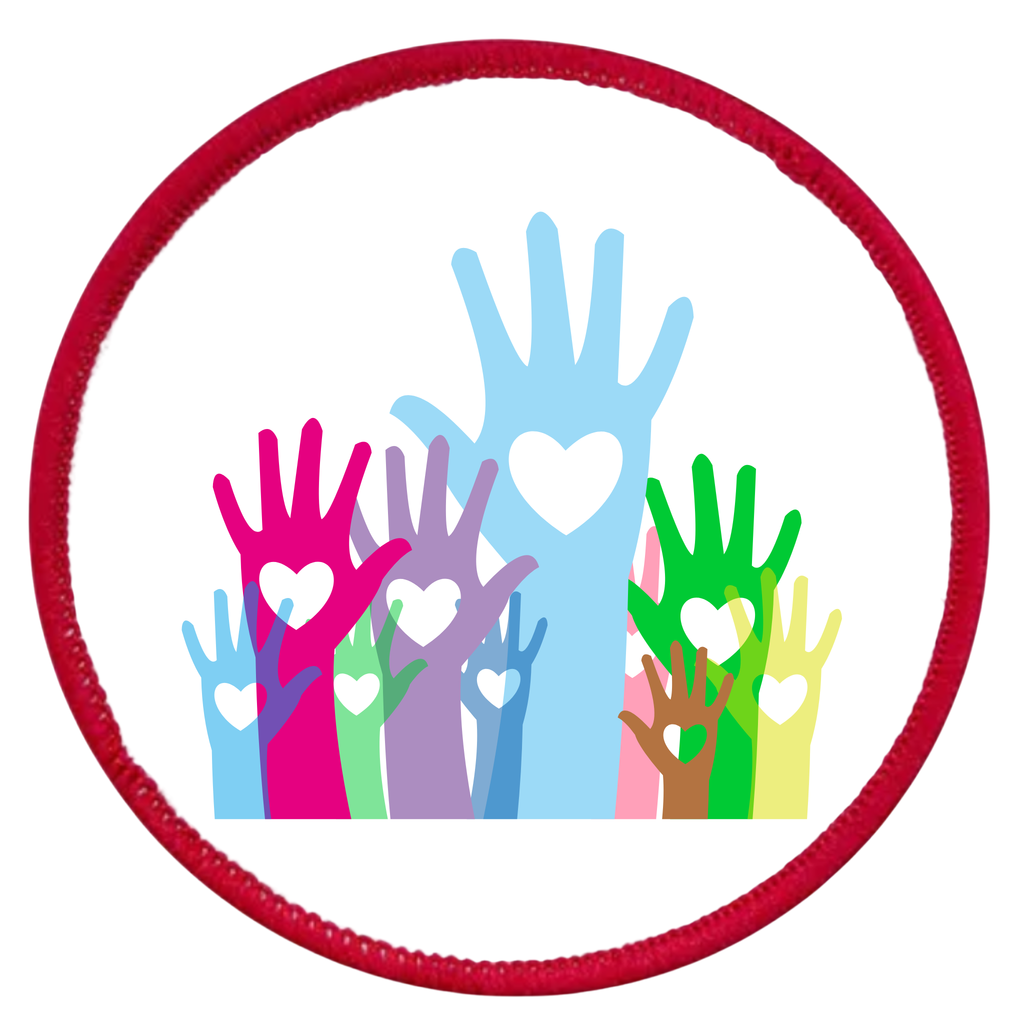 Colorful hands with heart symbols inside a red circle on a white background