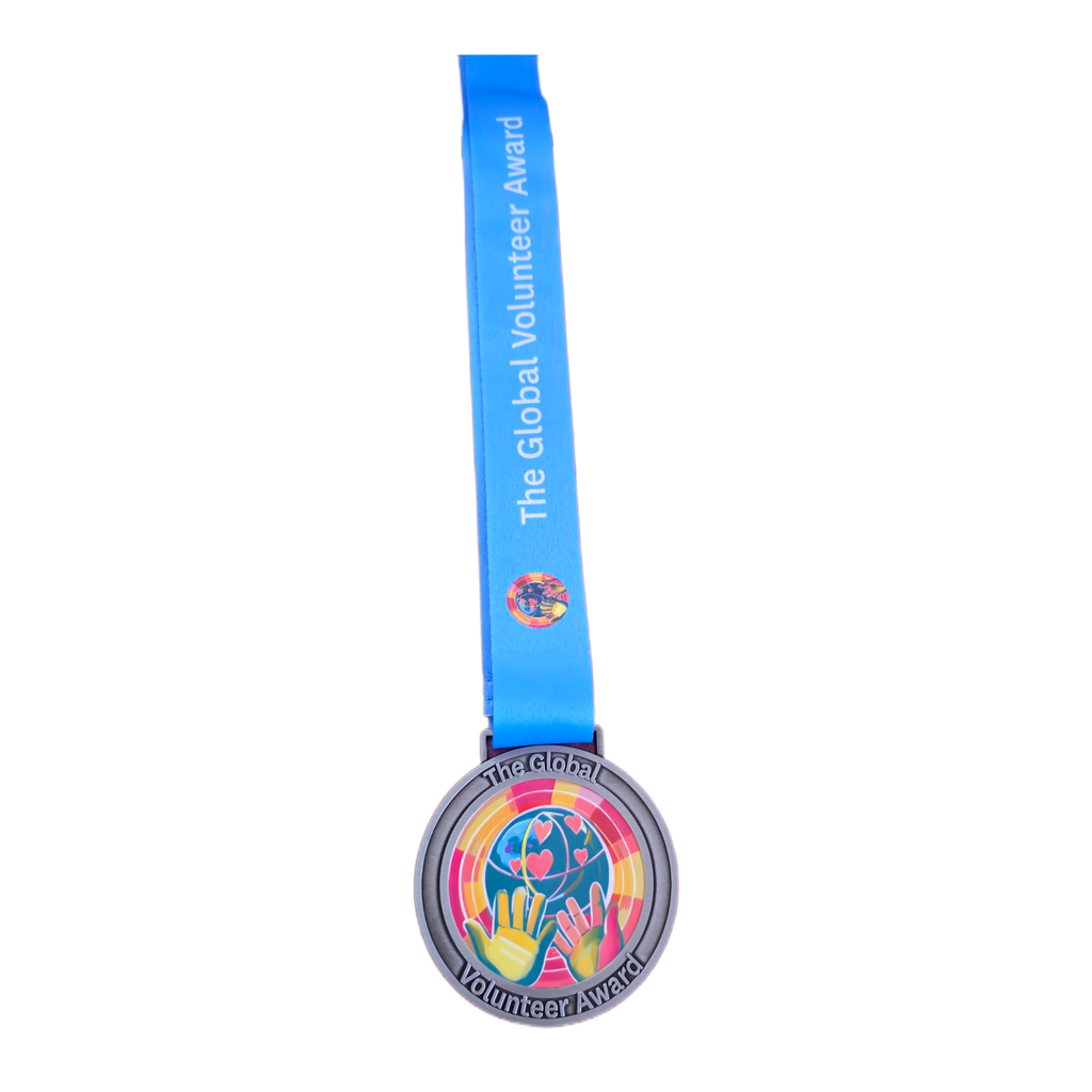 Medal with blue ribbon and colorful design on a white background