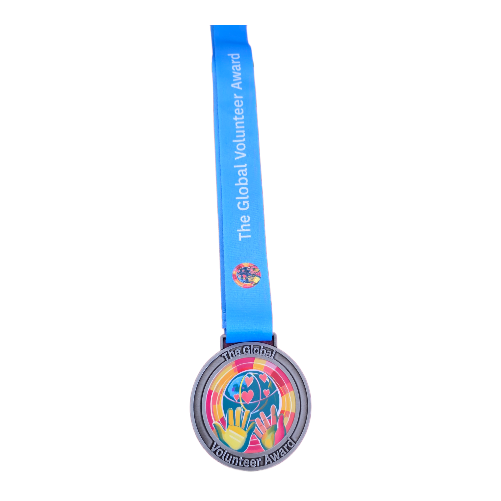 Medal with blue ribbon and colorful design on a white background