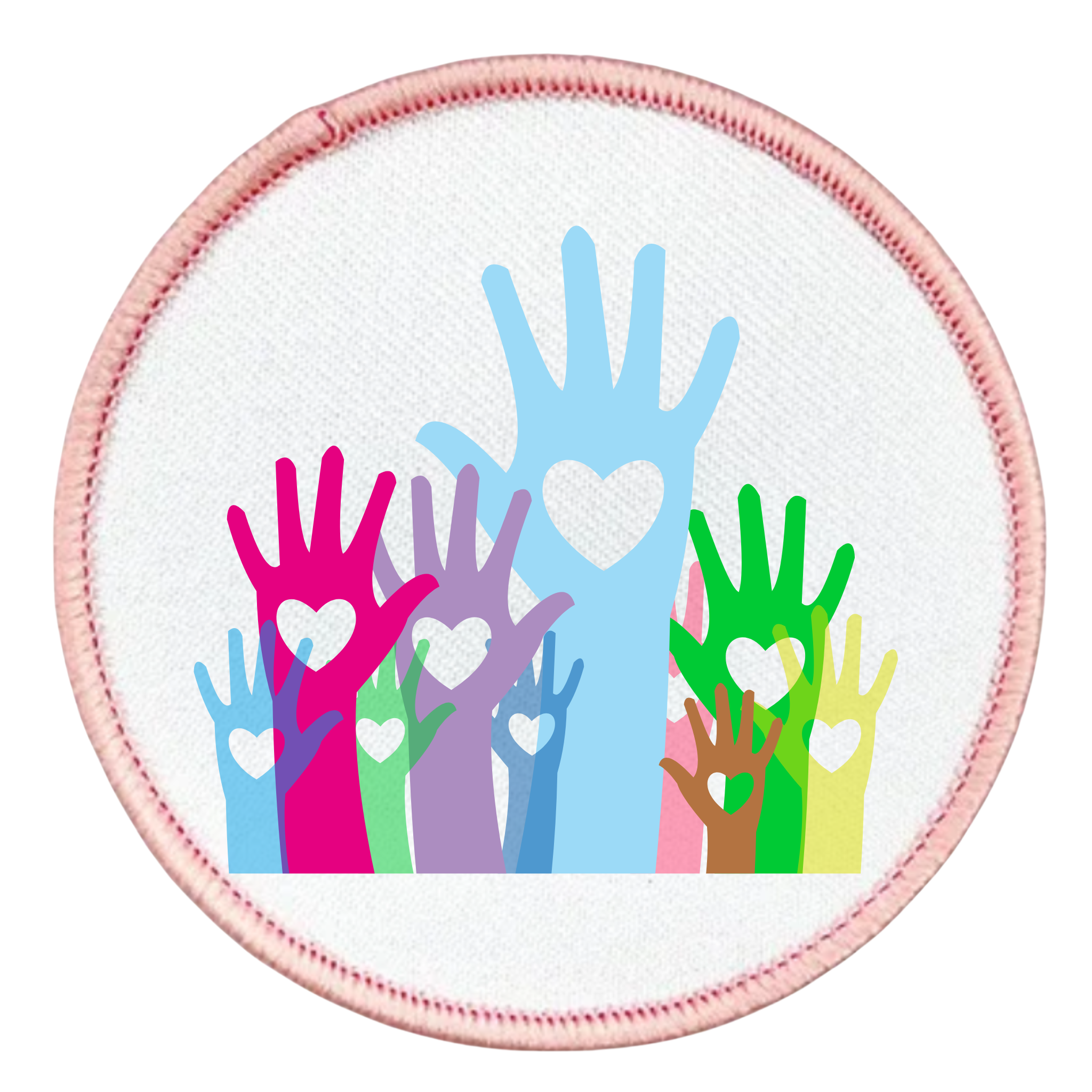 Round patch with colorful hands and hearts design on a white background